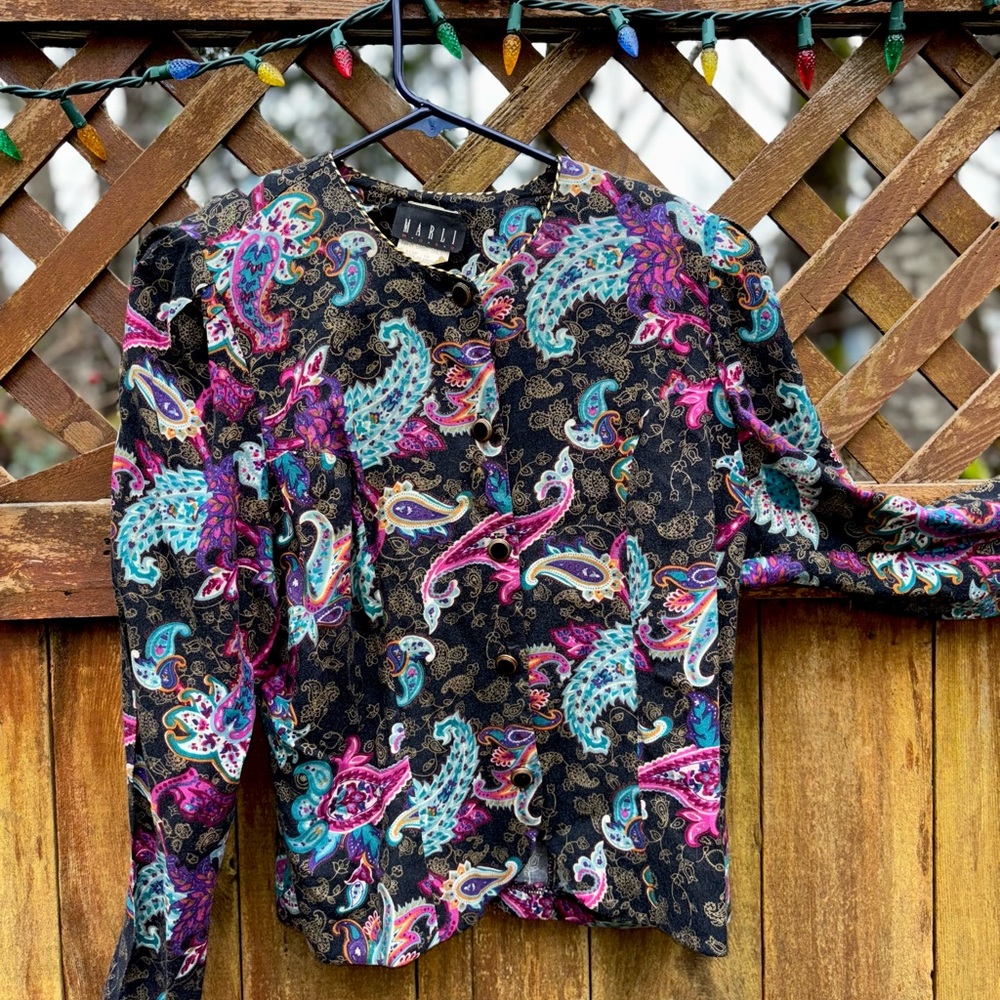 1980’s Vibrant Paisley Blouse with Black Base